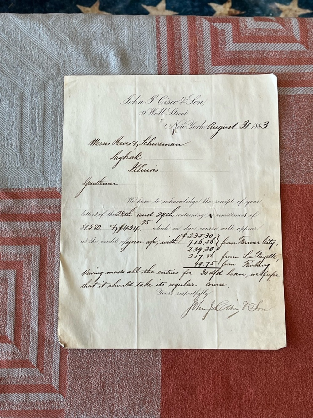 RARE! Original 1883 John I. Cisco & Son Antique Letterhead Document